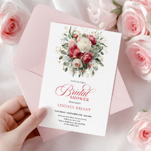 Convite Chuva de Casamento Vermelho Branco Dourado Boêmio