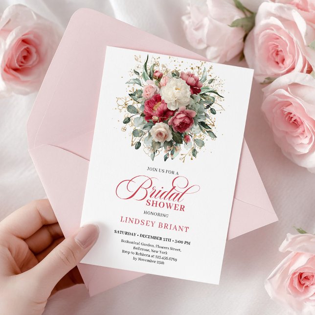 Convite Chuva de Casamento Vermelho Branco Dourado Boêmio  (Glam Boho Burgundy Blush Floral Greenery Shower)