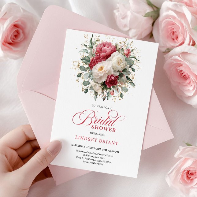 Convite Chuva de Casamento Vermelho Branco Dourado Refined (Refined Bohemian Crimson Red White Gold Shower)