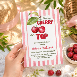 Convite Chuva de Cereja Retro Rosa Listrado Baby Shower