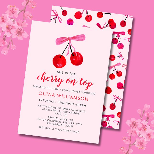 Convite Chuva de Cerejas Coquette para Chás de Bebê de Men (Cherry on Top Baby Shower invitation with coquette cherries and pink ribbon bow)