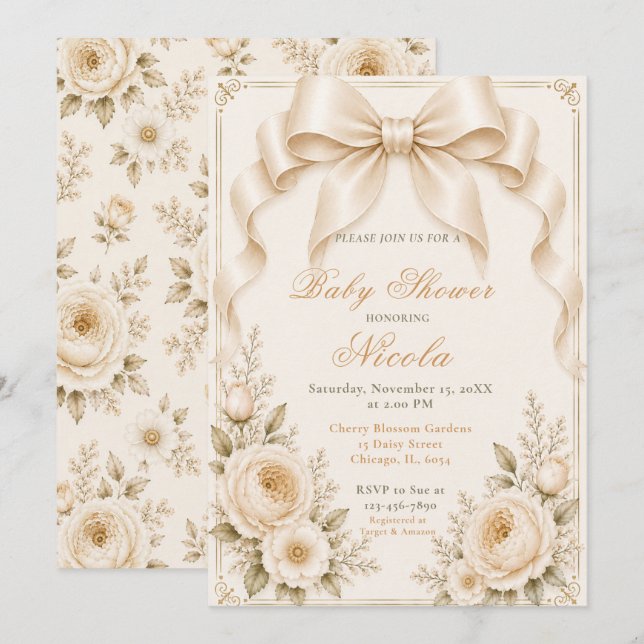 Convite Chuva de Champanhe Floral Coquette Baby Shower (Frente/Verso)