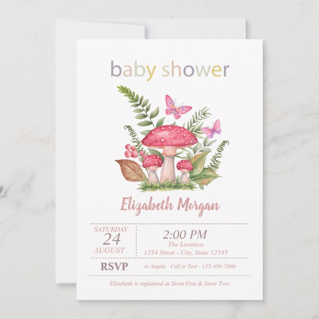 Convite Chuva de Cogumelos Borboletas Baby Shower (Frente)
