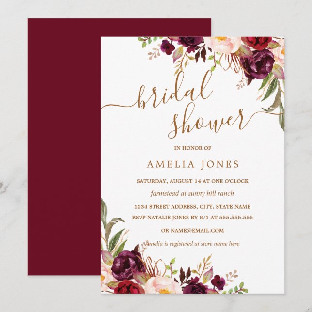 Convite Chuva de Confetes Dourado Floral Borgonha para Chá (Frente/Verso)