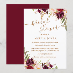 Convite Chuva de Confetes Dourado Floral Borgonha para Chá