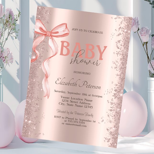 Convite Chuva de Confetes Dourado Rosa com Laço Rosa Chá d (Criador carregado)