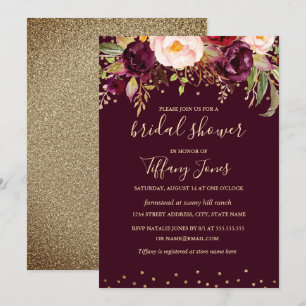 Convite Chuva de Confetes Dourado Vermelho Borgonha Floral