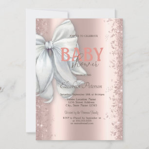 Convite Chuva de Confetes em Dourado Rosa com Laço Branco