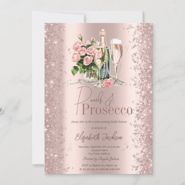 Convite Chuva de Confetes em Rose Gold Prosecco Pérolas pa (Frente)