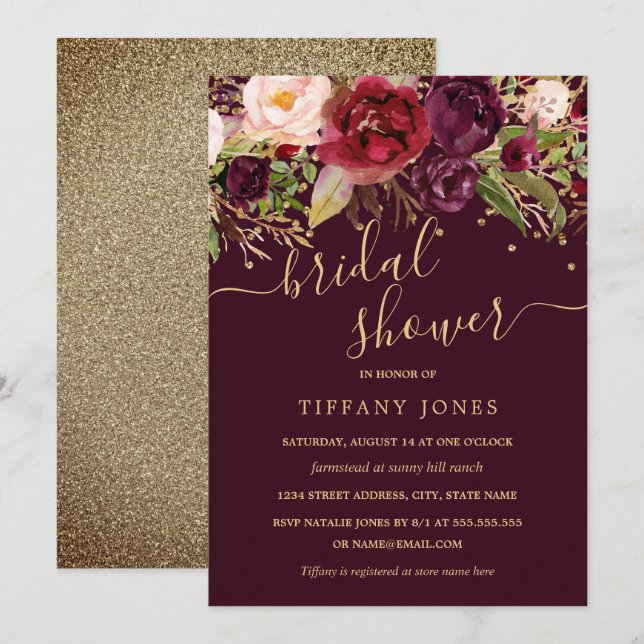 Convite Chuva de Confetes Floral Dourado Borgonha para Chá (Frente/Verso)