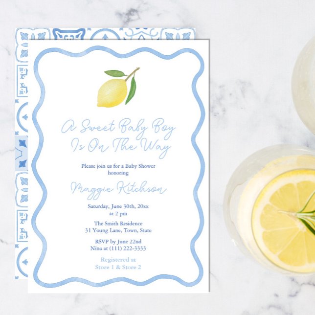 Convite Chuva de Confetes Simples de Limão para Chá de Beb (Blue And White wavy border baby shower invitation with lemon to welcome a sweet baby boy. )