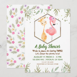 Convite Chuva de Cor Flamingo & Girafa Tropical Baby Showe