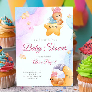 Convite Chuva de Cor Pastel Rosa Urso Teddy Fofo Chá de Be