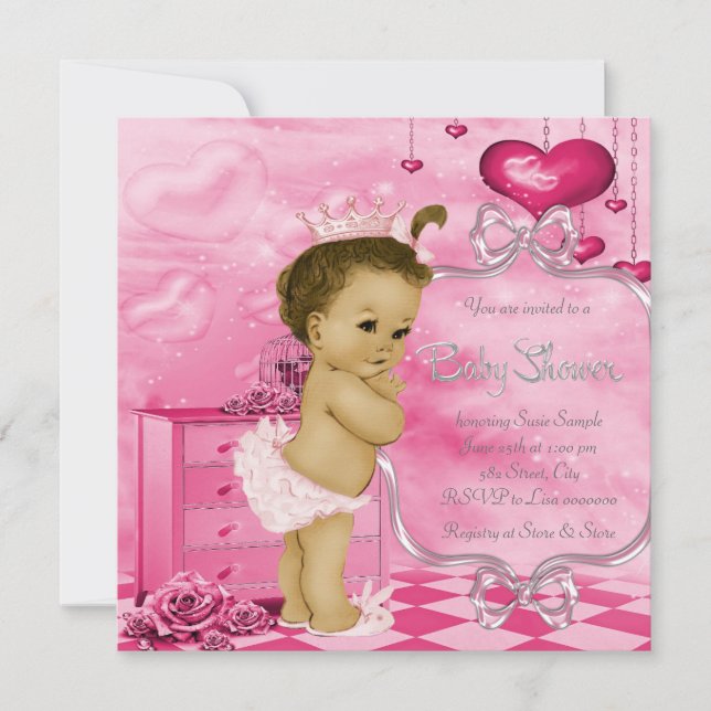Convite Chuva de Corações e Rosas Shower de Bebê Afro-Amer (Frente)