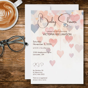 Convite Chuva de Corações em Aquarela para Baby Shower