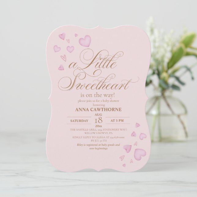Convite Chuva de Corações Rosa Aniversário de Bebê (Em pé/Frente)