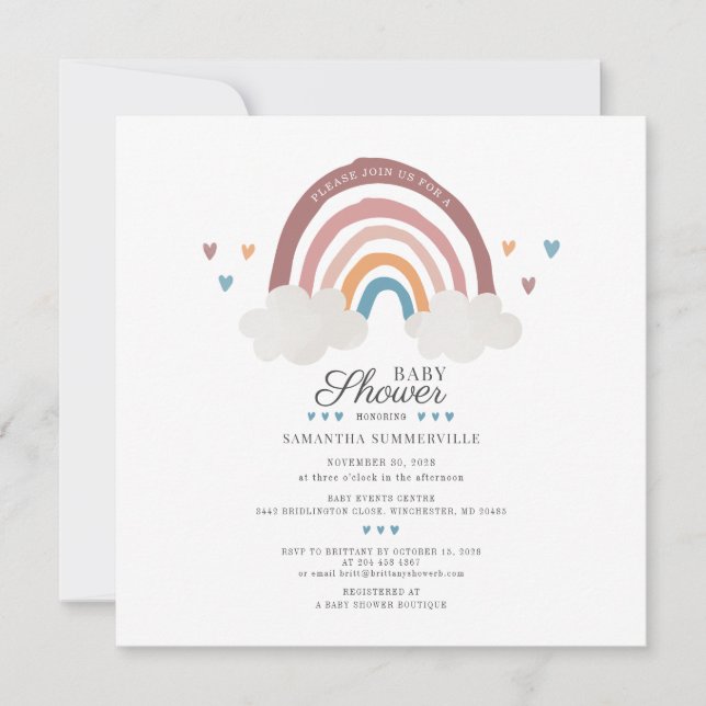 Convite Chuva de Cores Água-forte Script Baby Shower (Frente)