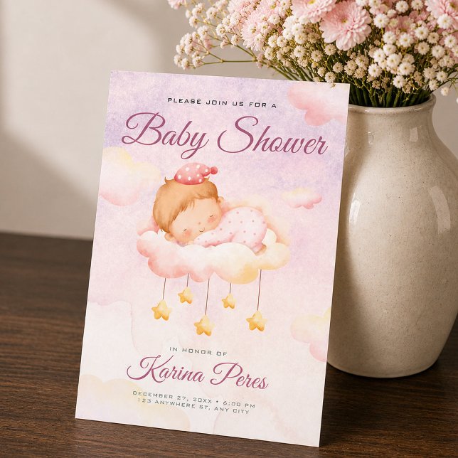 Convite Chuva de cores Baby Shower Rosa Suave É uma Menina (Watercolor Baby Shower Soft Pink It's A Girl Invitation, Baby On The Way)