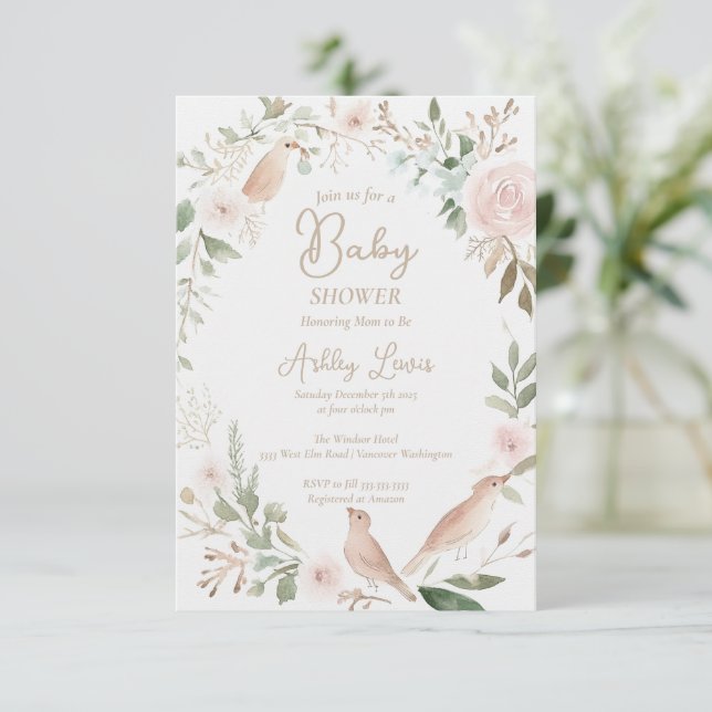 Convite Chuva de cores bebê passarinho floral folhas chá d (Em pé/Frente)