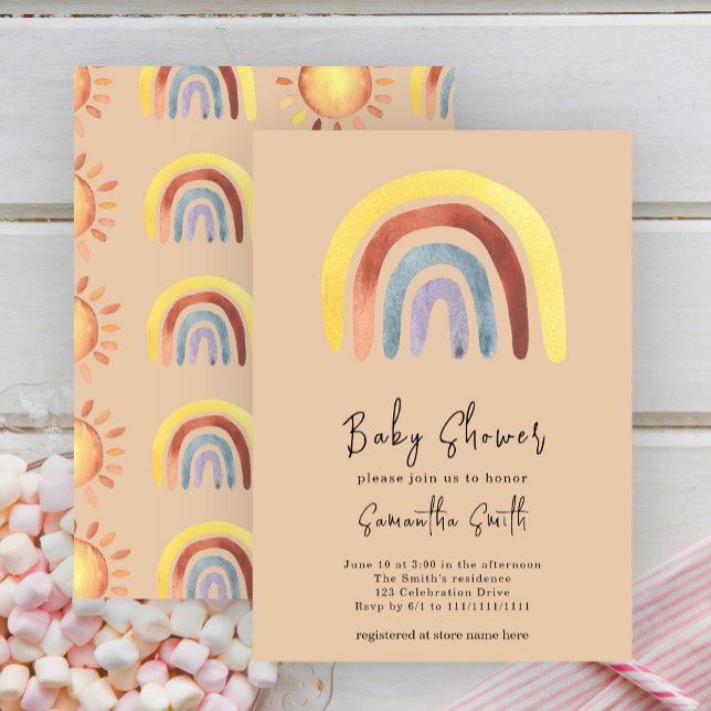 Convite Chuva de cores Boho em aquarela para Baby Shower (Criador carregado)