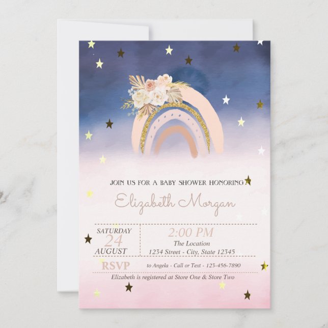 Convite Chuva de Cores Boho Flores Estrelas Baby Shower (Frente)