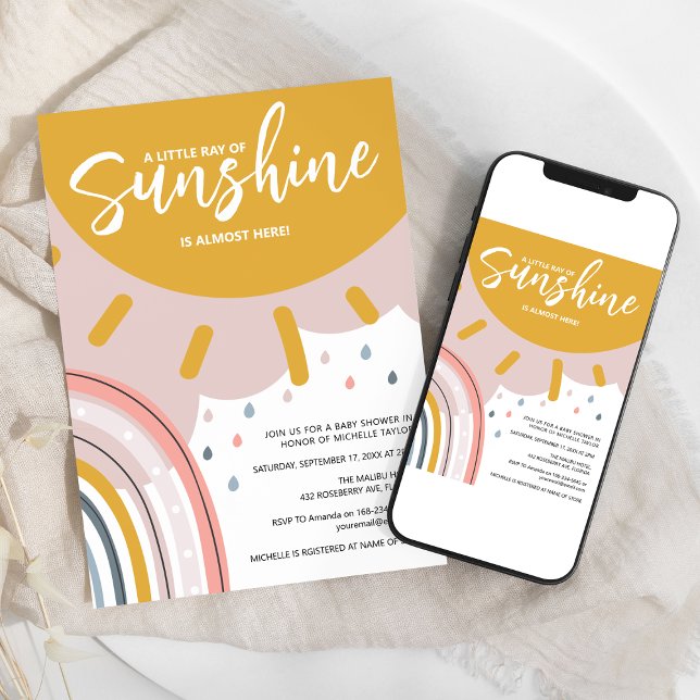Convite Chuva de Cores Boho Pequeno Raio de Sol Baby Showe (Criador carregado)
