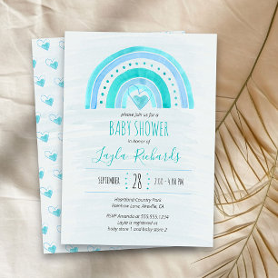 Convite Chuva de Cores Coração Aguarela Azul Baby Shower