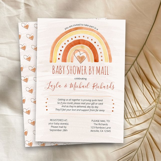 Convite Chuva de Cores Coração Aguarela Baby Shower pelo C (Neutral Rainbow baby shower by mail invitation)