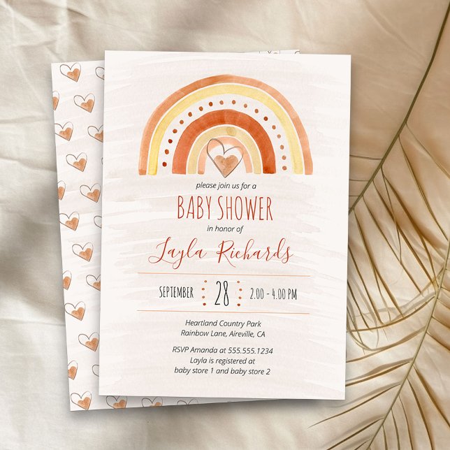 Convite Chuva de Cores Coração Aguarela Neutro Chá de Bebê (Neutral Rainbow baby shower  invitation)