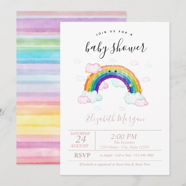 Convite Chuva de Cores em Aquarela Arco-íris Baby Shower (Frente/Verso)