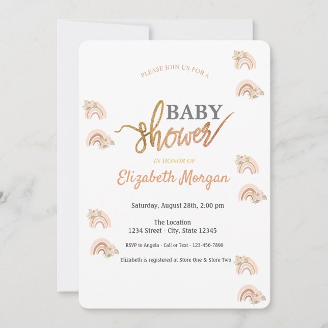 Convite Chuva de Cores em Aquarela Flores Boho Baby Shower (Frente)