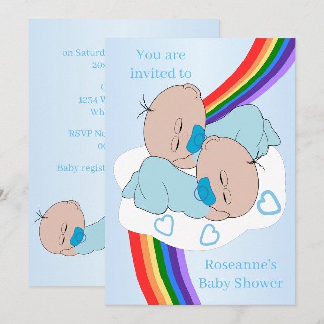 Convite Chuva de Cores Gêmeos Bebês Meninos Baby Shower (Frente/Verso)