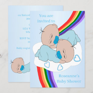 Convite Chuva de Cores Gêmeos Bebês Meninos Baby Shower