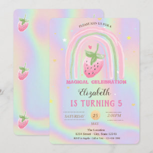 Convite Chuva de Cores Morango Holográfico Aniversário