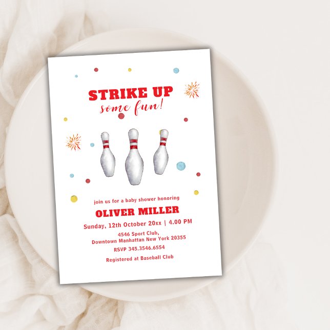 Convite Chuva de Cores no Boliche Esporte Baby Shower (Colorful Strike Up Bowling Sport Baby Shower Invitation)