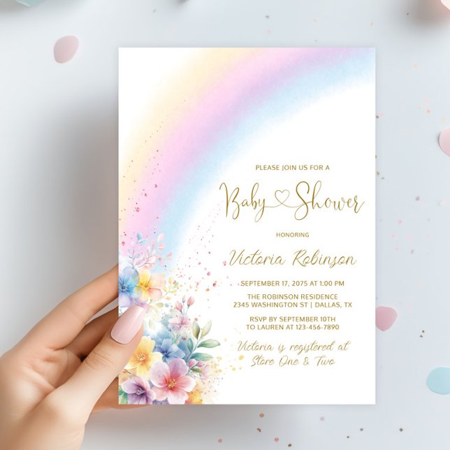 Convite Chuva de Cores Pastel Encantadora para Chá de Bebê (Watercolor rainbow and flowers rainbow baby shower invitation. Simply add your event details.)