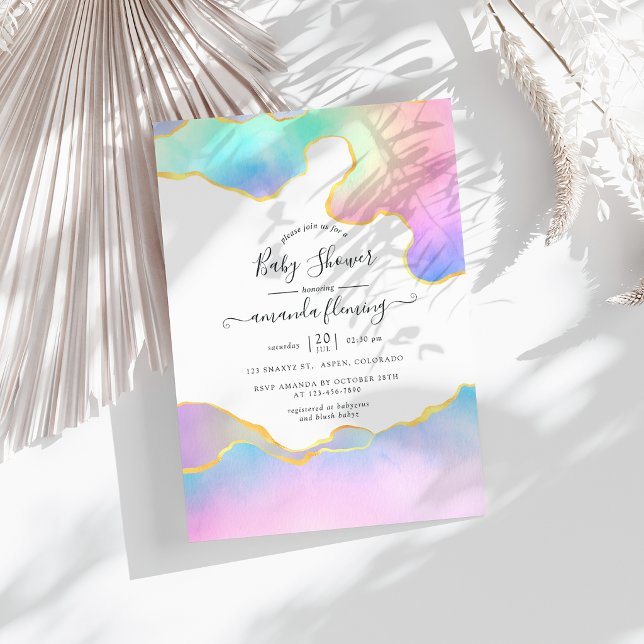 Convite Chuva de Cores Pedra Ágata Baby Shower (Rainbow Agate Stone Baby Shower Invitation)