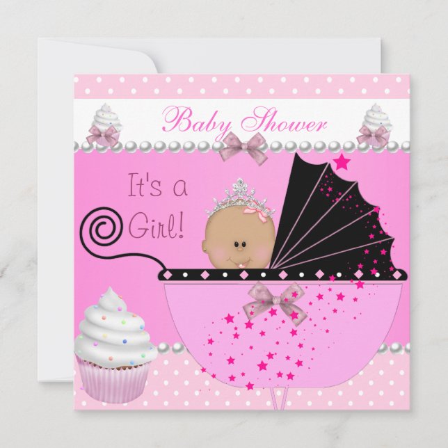 Convite Chuva de Cupcake Rosa de Chuveiro de Bebê Princesa (Frente)