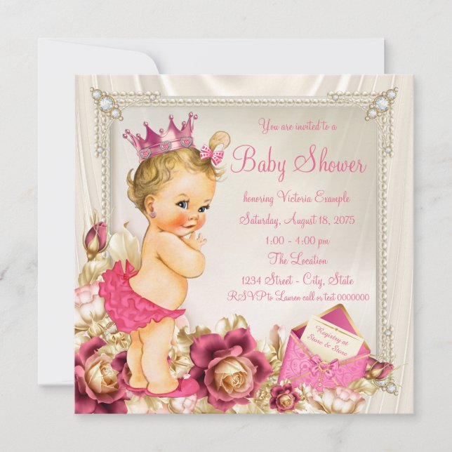 Convite Chuva de Diamantes e Pérolas Rosa para Chás de Beb (Frente)