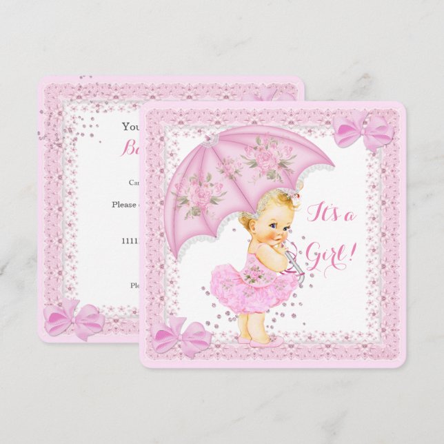 Convite Chuva de Doces Chás de Bebê Menina Guarda-Chuva Ro (Frente/Verso)