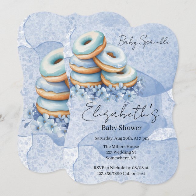 Convite Chuva de Donuts Azuis para o Bebê Menino  (Frente/Verso)