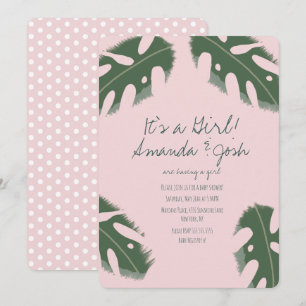 Convite Chuva de Dots Tropicais Monstera Rosa Festa de Beb