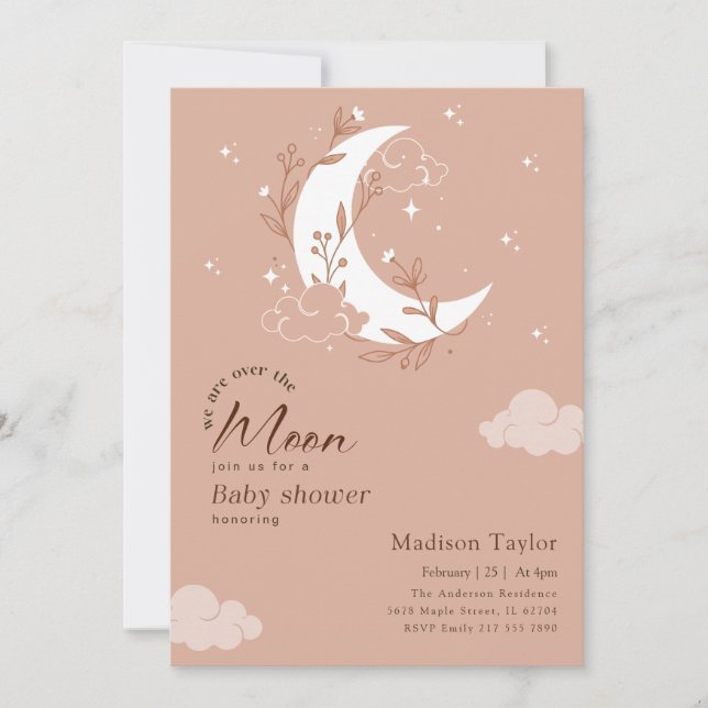 Convite Chuva de Encanto Aquarela: Baby Shower Sob a Lua (Frente)