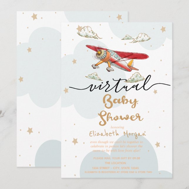 Convite Chuva de Estrelas Avião Chá de Bebê Virtual (Frente/Verso)