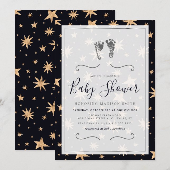 Convite Chuva de Estrelas Azul Marinho Bebezinho Estrelado (Frente/Verso)
