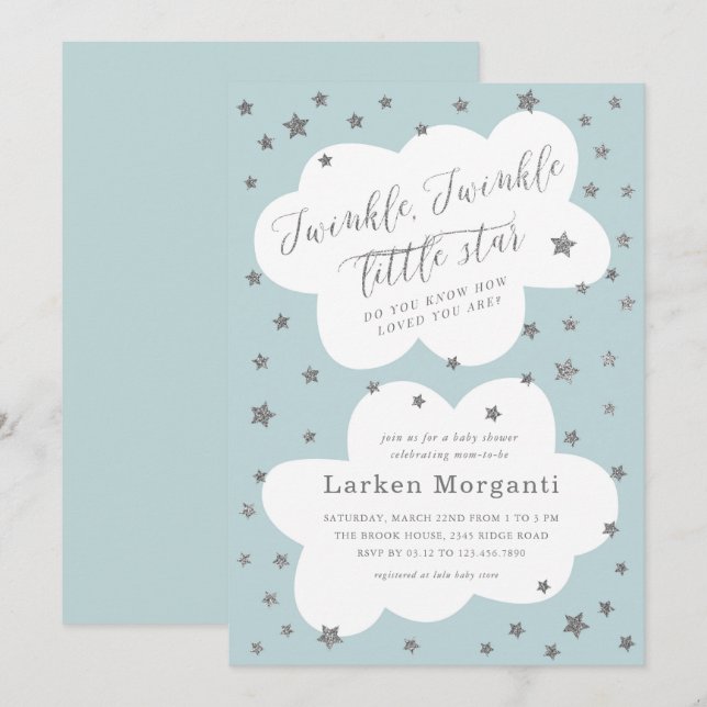 Convite Chuva de Estrelas Baby Shower Azul (Frente/Verso)