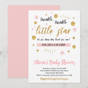 Convite Chuva de Estrelas Baby Shower, Dourado Rosa