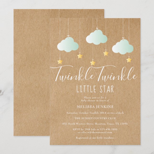 Convite Chuva de Estrelas Chá de Bebê Rústico Boho (Frente/Verso)