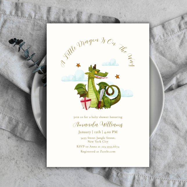 Convite Chuva de Estrelas de Bebê Dragãozinho Mítico (Mythical Little Dargon Cloud Star Baby Shower Invitation)