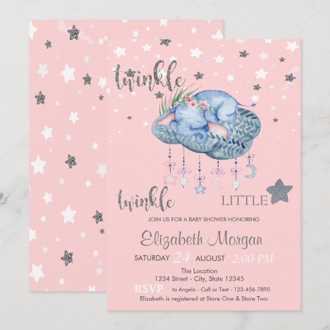 Convite Chuva de Estrelas do Elefante Baby Shower (Frente/Verso)